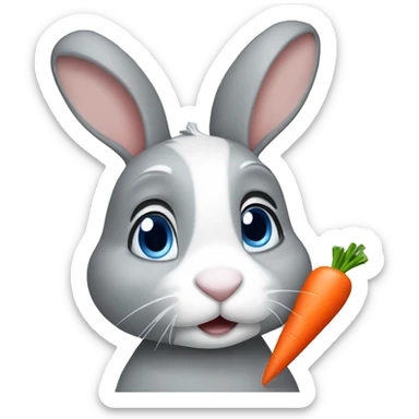 grey bunny with blue eyes and a white nose who is eating a Carrot sticker