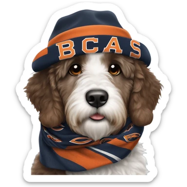 Bernedoodle with chicago bears hat and scarf sticker