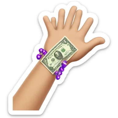 hand with purple bead bracelet holding money sticker