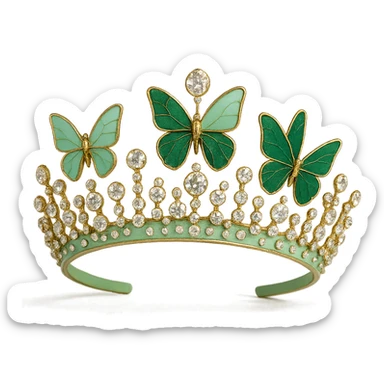 butterfly crown with a pastel green base, only a couple of butterflies in light and dark green enamel, sparkling gems sticker