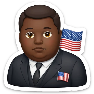 overweight person in dark suit with US flag pin sticker
