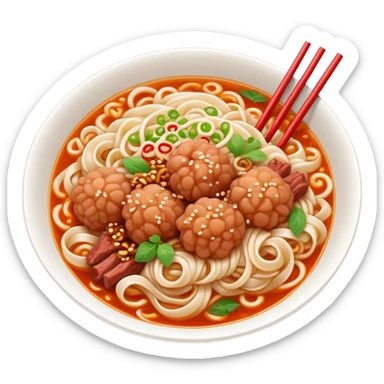 Fuzhou Lychee Pork Noodles with meat sauce and noodles, simplified emoji style with bold outlines and bright colors, cartoon style Fujian specialty Ban Mian sticker