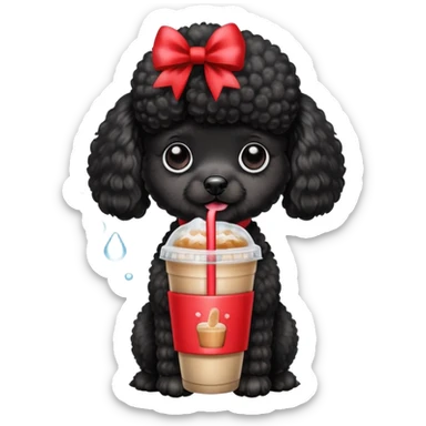 Black poodle dog wearing a bow and holding ice coffee sticker