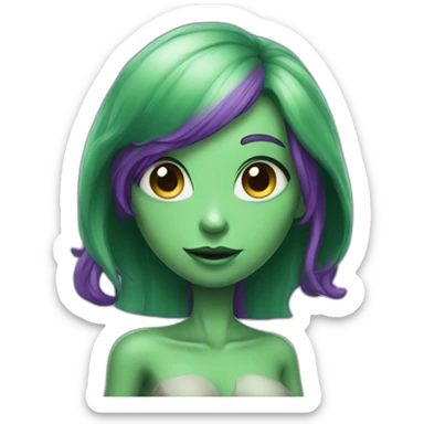 An alien girl, green skin, purple hair, she waves her hand sticker