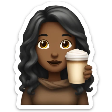 Tan girl with black long hair and a hot chocolate sticker