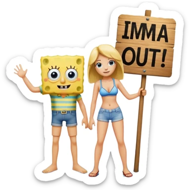 A high-detail cartoon illustration of SpongeBob SquarePants and a girl standing in the middle of Bikini Bottom. The girl is holding a wooden sign that says "imma head out" in bold black letters. sticker