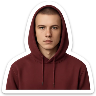 young European man in a maroon hoodie with hood up, short brown buzzcut, smooth skin, oval face, defined jawline, high cheekbones, sharp eyes, straight eyebrows, neutral expression sticker