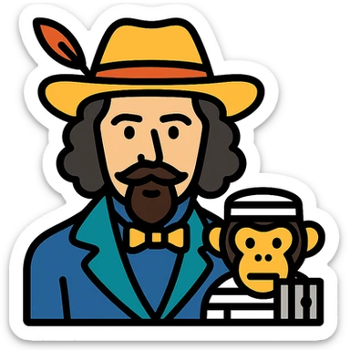 emoticono del poeta español José de Espronceda acompañado de un mono carcelario con líneas blancas y negras, estilo icono lineal color con contornos negros sticker