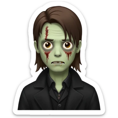 zoZombie, emo guy, with dark circles under his eyes and long brown hair, in a black long
 sticker