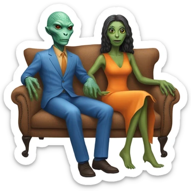 alien reptilian woman in orange dress and humman man in blue, sitting on a couch  sticker