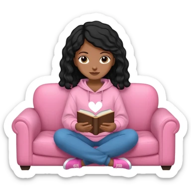 Una chica linda de cabello negro con ondas hasta los hombros de piel blanca con una sudadera rosa en un sofá cómodo y hermoso leyendo la biblia sticker