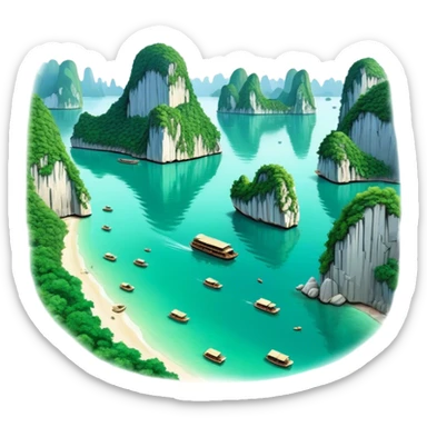 Cinematic Realistic Ha Long Bay Landscape Emoji, depicted with limestone karsts emerging from emerald waters rendered with intricate detail and dynamic natural lighting. sticker
