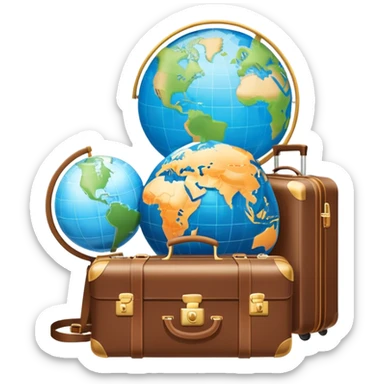 An icon featuring a suitcase, a globe, and a hotel building, symbolizing tourism and hospitality studies. The design includes a map and compass, representing travel research and industry analysis. Transparent background sticker