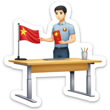 standing desk with vietnamese flag behind sticker