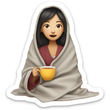 asian girl inside a blanket sipping tea sticker