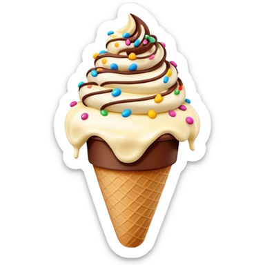 Cinematic scoop of rich, creamy ice cream, slightly melting, smooth swirls of chocolate and vanilla, colorful sprinkles on top, warm glowing background, playful and inviting. sticker