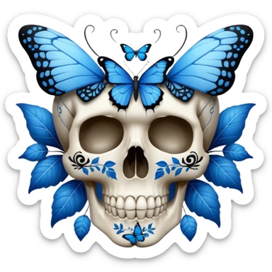 White skull with blue butterflies, leaves, and black intricate patterns sticker