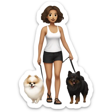light skin women with brown hair, worn down, parted to the side, wearing black shorts, white tank, black flip flops, walking a white pomeranian on a leash sticker