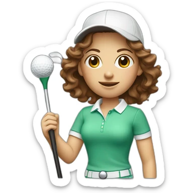female with brown wavy hair dressed in golfwear with golf club and golf ball sticker