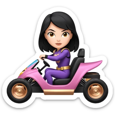 Hot full size real-appearance enclosed electric racing action BatGirl’s feminine midnight-colored tight outfit sixty’s tv show 1992 stealthy retro sporty safe plush petite off-road pursuit cruiser car rose gold accents (black hair,reclined and relaxed torso and shoulder seating position) go kart  sticker