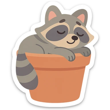 sleepy raccoon inside a flower pot, pastel earthy colors, pastel-toon style sticker