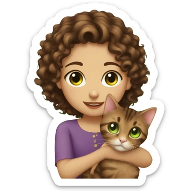 Dark brown curly haired girl with hazel eyes kissing a brown tabby cat with green eyes sticker