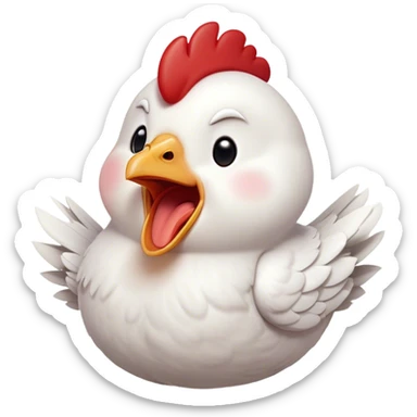 Cinematic Cute Yawning White Chicken Portrait Emoji, Head tilted slightly with a dramatic, wide-open yawn, showcasing a soft, fluffy white plumage with a crisp red comb and drooping wings, round beady eyes barely open in drowsy contentment, Simplified yet irresistibly adorable features, highly detailed, glowing with a soft, cozy glow, high shine, relaxed yet expressive, stylized with a touch of whimsy, bright and endearing, soft glowing outline, capturing the essence of a sleepy yet affectionate chicken, so drowsy it feels like it could stretch out of the screen and curl up for a nap! sticker