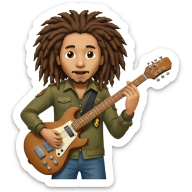 Bob Marley with gigantic dread locks play electric guitar in form heraldic crest sticker