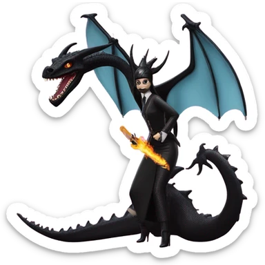 masked, empowered and glamorously dressed, Wednesday Addams Malibu Beach Barbie Jedi flying/riding on the back of a very large black shiny evil-looking fire-spewing horned dragon. proper scale sticker