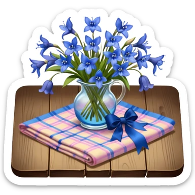 A lush bouquet of bright blue color bluebell black satin ribbon, resting on an antique wooden table, with a pale yellow and pink plaid pattern table cloth sticker