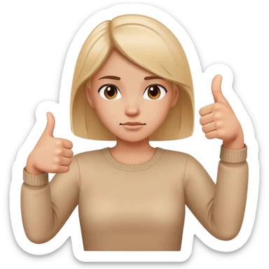 Girl with one hand clearly showing thumbs up gesture and other hand clearly showing thumbs down gesture, distinct opposing hand signals, mixed feelings facial expression sticker