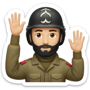surrenders, depicts an Iraqi soldier from 1980, with a beard, in a helmet, with a balaclava, with a sad face and raised hands sticker