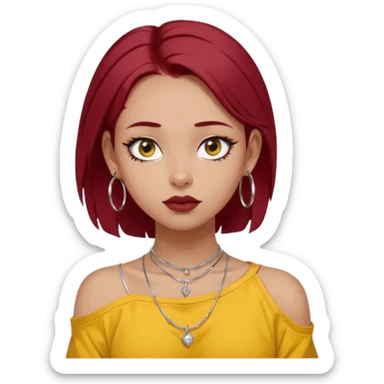 generate a pretty bratz girl with dark brown eyes. Dark red hair straight long. wearing a yellow oversized tee falling off her shoulder, dainty silver necklace, silver hoops, septum piercings. big eyeliner sticker
