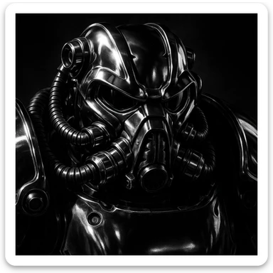 X-01 power armor, close-up helmet, shiny chrome, sci-fi, bold shadows sticker