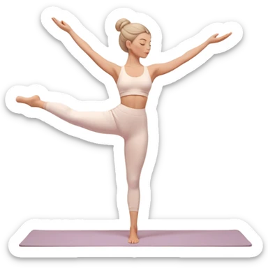 A 3D aesthetic emoji-style illustration of a woman doing yoga in a cozy and minimalist design. She is wearing a soft white yoga outfit and is in a graceful standing pose with one leg lifted and arms elegantly extended. Her skin is warm-toned, and her hair is neatly tied in a bun. The color palette is soft and pastel, featuring beige and warm tones for a soothing, relaxing aesthetic. The design should be smooth, high-quality, and visually similar to Apple’s emoji style but with a softer, more aesthetic touch. sticker