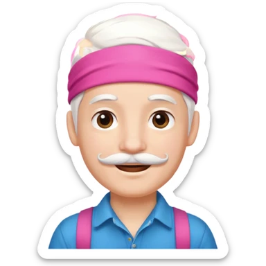 young climber boy with white hair and pink headband and mustache sticker