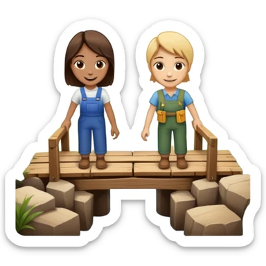 Two people working together on a small bridge, metaphor for building trust sticker