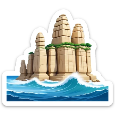 Cinematic Realistic Raouche Rocks, Beirut Landmark Emoji, depicting the majestic limestone rock formations rising from the Mediterranean Sea, with waves crashing against their bases under a vibrant sky. sticker