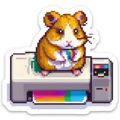 pixel art of a hamster standing on a colorful inkjet printer sticker