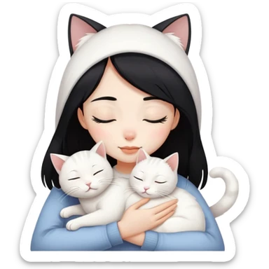 a black hair closing eyes girl hugs a white jinjila cat,the cat’s eyes are open sticker