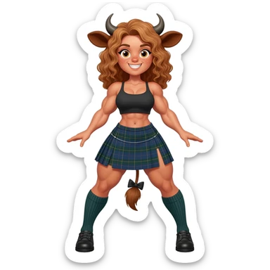 playful buff curly woman with frecles with light brown messy hair leans forward with her strong fat thights wide apart with cow horns and cow brown ears with big butt in a short scottish kilt with a brown cow tail with a black bow at the base of the tail and with knee socks and shoes front view sticker