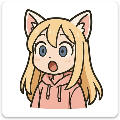 chibi anime catgirl Twitch emote, white cat ears, blonde extremely long hair, blue eyes, white skin, cute, pastel pink hoodie, surprised expression sticker