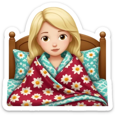 girl snuggled under blanket in bed sticker