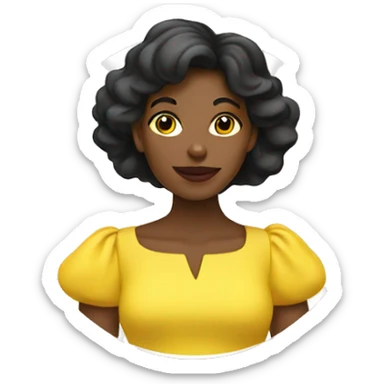 Black woman in yellow dress with bitt emoji behind her sticker