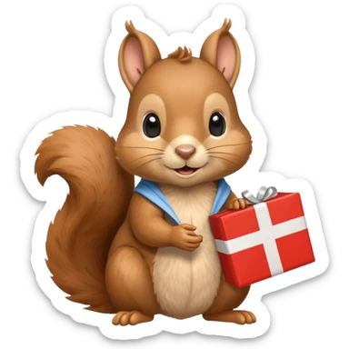 squirrel holding a wrapped present and a Swiss flag, cute and playful sticker