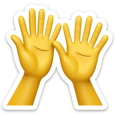 A 3D digital emoji of two yellow cartoon hands doing a joyful high five, palms clapping together in the air, with bright sparkles and motion lines to show excitement and celebration, Apple emoji style sticker