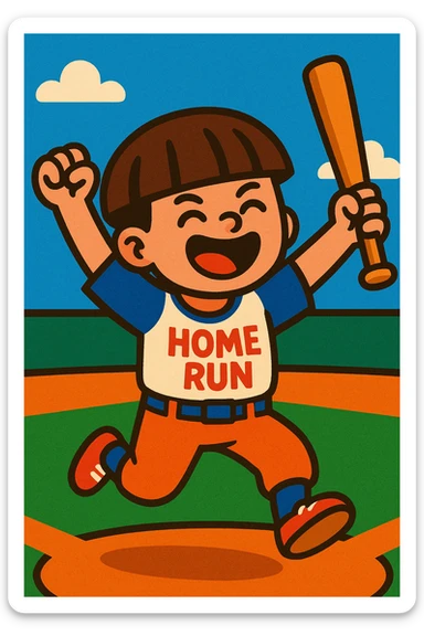 A bowl cut boy celebrating after hitting a home run in baseball, arms raised, bat in hand, joyful expression, vibrant cartoon style sticker