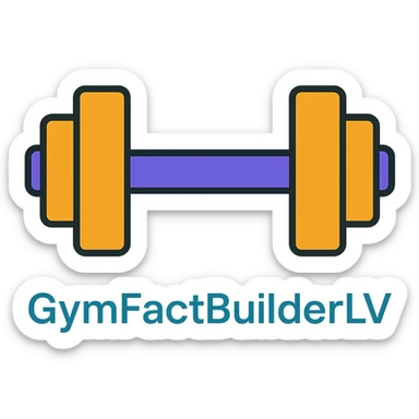 Edit the dumbbell icon by changing the text to 'GymFactBuilderLV' in cyan color, keeping the rest of the dumbbell design unchanged. Use a clean modern icon style with lineal color icon and black outlines. sticker