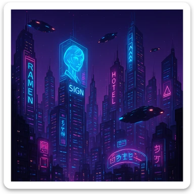 futuristic city skyline with neon lights, cyberpunk style sticker