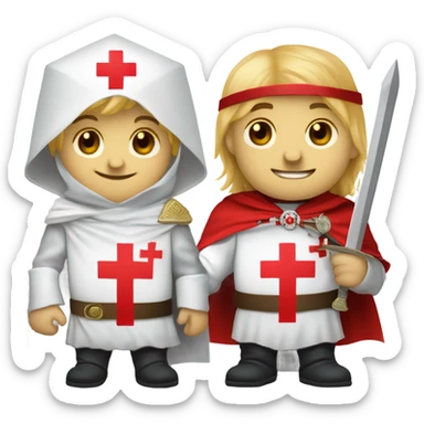 blond haired Masonic knight Templar wearing a white tunic with a Red Cross on the front and a white mantle with a hood with a Red Cross on the left side and a male face with a red cap and holding a sword. sticker